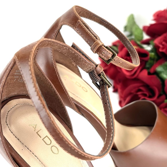 ALDO LARAA BROWN LEATHER WOODEN HEELED SANDALS - Picture 12 of 16